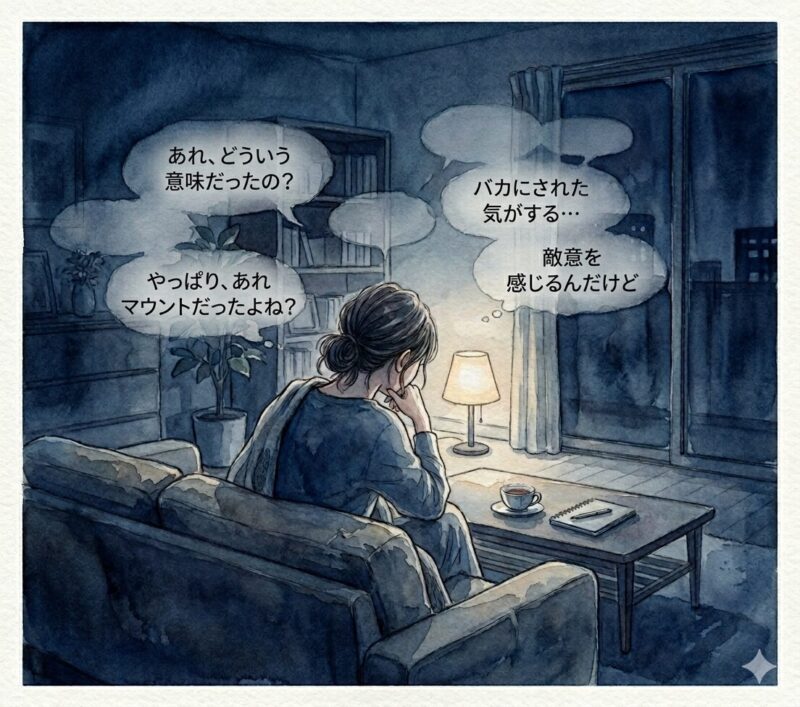 フレネミーとの人間関係に悩に深夜まで眠れない女性。